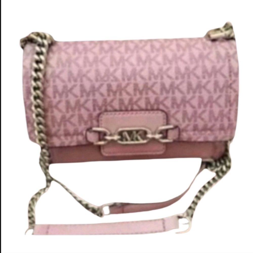Michael Kors Heather Signature Logo ADJ Crossbody Canvas Rose-Pink Silver, NWOT